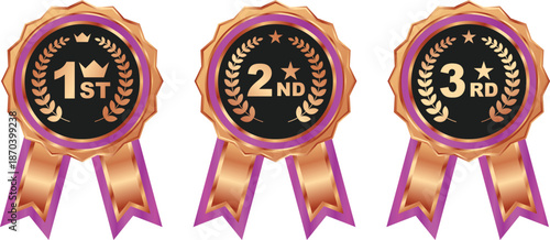 Set of three gold and purple award ribbons for first, second, and third place with laurel wreaths and stars, symbolizing achievement and victory.