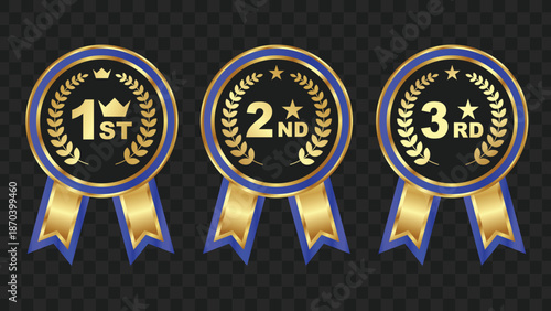 Three gold and blue award ribbons for first, second, and third place, featuring laurel wreaths and stars, on a transparent background.