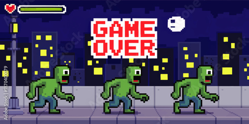 Retro pixel art game over screen with green zombie characters in night city, arcade video game background, 8 bit urban scene