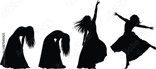 Graceful dancing woman silhouette vector showing emotional contemporary movement, freedom expression and artistic performance poses for creative design projects.