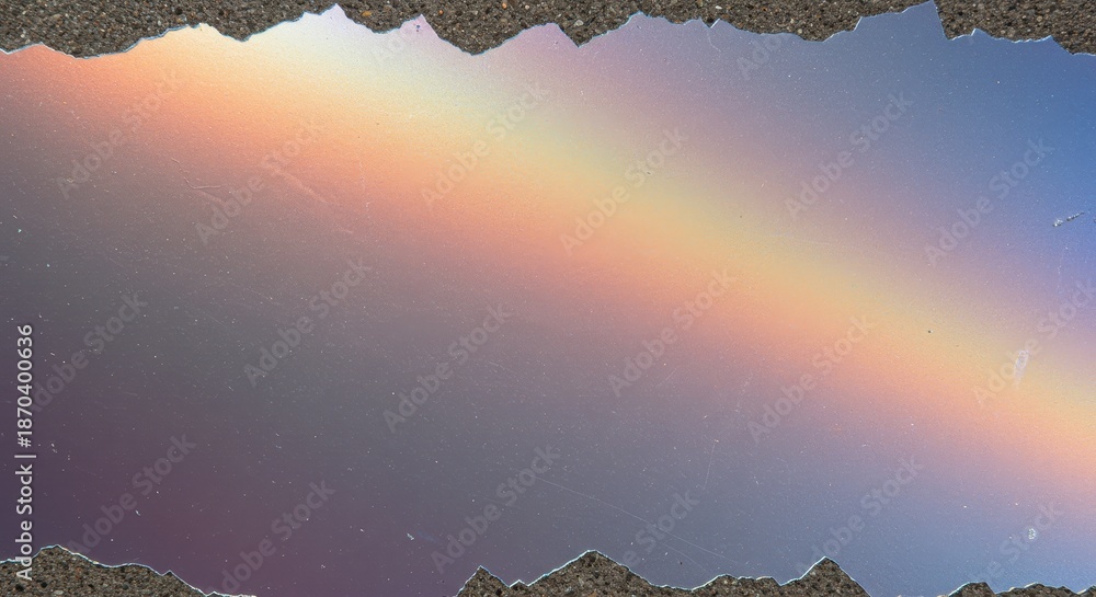 Fototapeta premium Rainbow Reflection in a Puddle: Witness nature's artistry as a vibrant rainbow is exquisitely mirrored in the still water of a puddle, framed by the rough, textured edges of the ground.