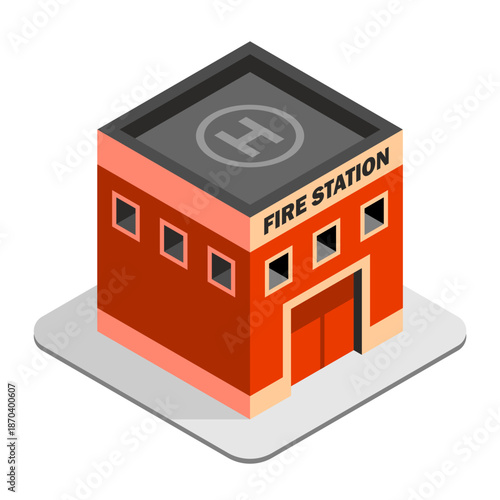 Isometric Fire station building. Simple, clean design. Isolated on white background. Flat style