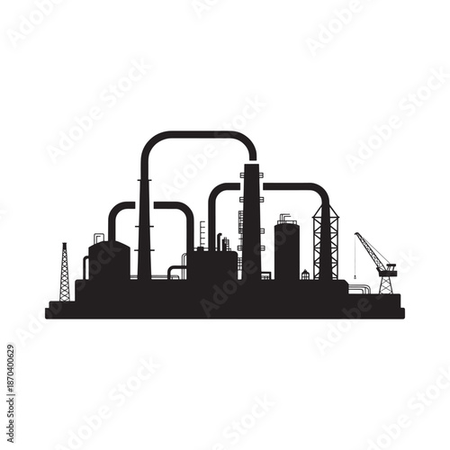 Silhouetted industrial complex featuring oil refinery pipes and crane structures