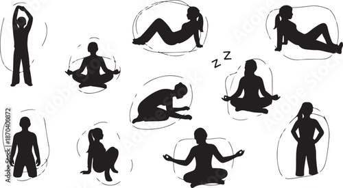 Yoga and meditation silhouettes in various poses and settings