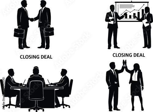 Closing deal silhouettes, business handshake, corporate agreement, vector illustration, cad drawing, flat design, teamwork success, presentation scene, negotiation posture, partnership sketch