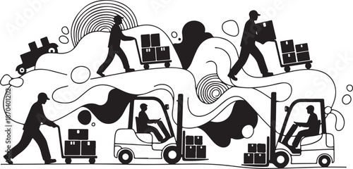 Warehouse Workers with Forklifts and Boxes in Motion