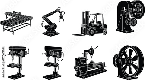 Industrial machinery silhouettes, manufacturing equipment, conveyor belt, robotic arm, forklift vehicle, mechanical press, drill press, lathe machine, flywheel sketch, vector design