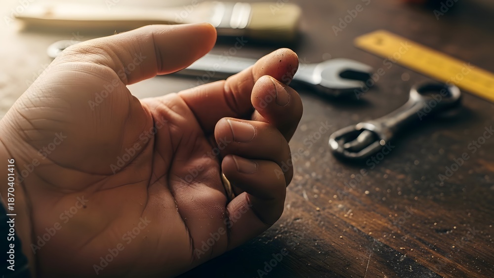 Fototapeta premium Hand holding small object with tools nearby.