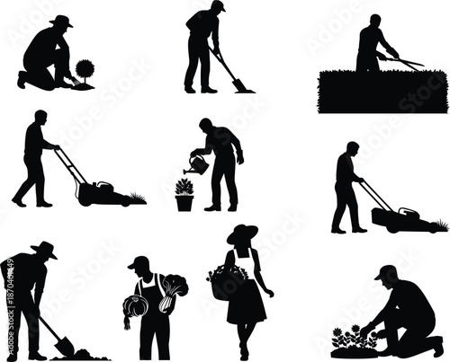 Gardening silhouettes, people with tools, vector illustration, cad drawing, flat design, landscaping work, planting activity, watering plants, mowing lawn, outdoor sketch