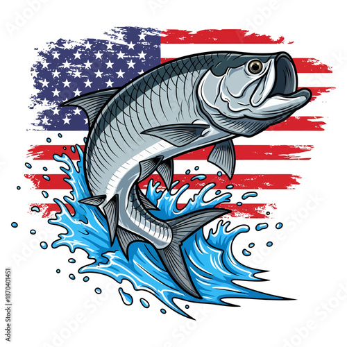 Tarpon fish jumping with American flag background in vintage illustration style