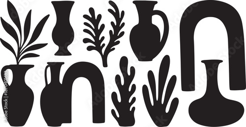Black Silhouettes of Vases and Plants on White Background