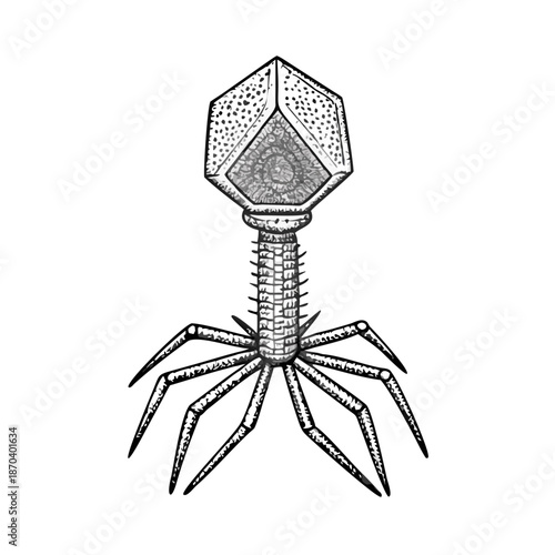 Detailed illustration of a bacteriophage virus structure against a dark background