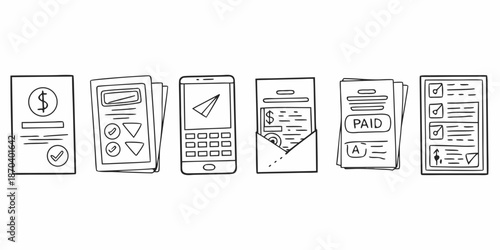 Sketch of mobile phone interface designs depicting app screens and payment process