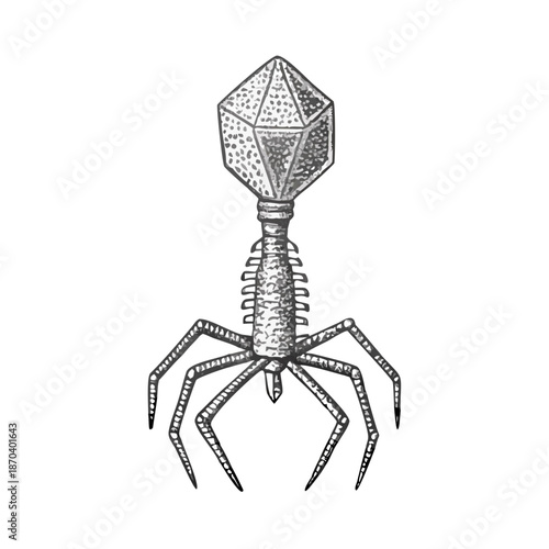 Detailed illustration of a bacteriophage virus structure in grayscale