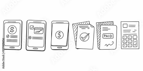 Hand drawn illustration depicting mobile payments bills and financial transactions