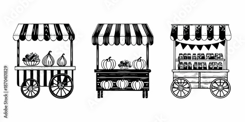 Three vintage market stalls showcase autumn produce in black and white