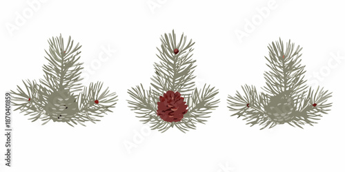 Three stylized pine branches with red berries and a prominent pinecone