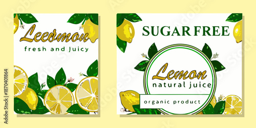 Two vibrant label designs featuring lemons and text promoting fresh juice