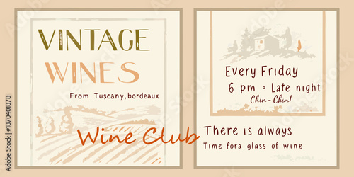 Vintage wines advertisement with vineyard landscape and event details for wine club