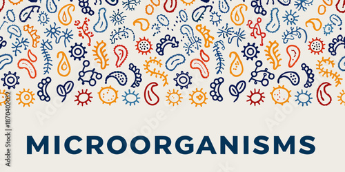 Colorful pattern of stylized microorganisms and floral elements on a light background