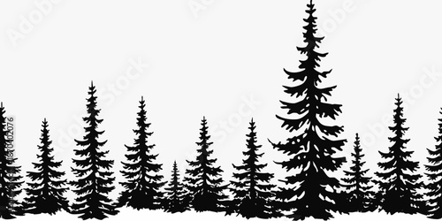 A simple black and white illustration of a dense pine tree forest landscape