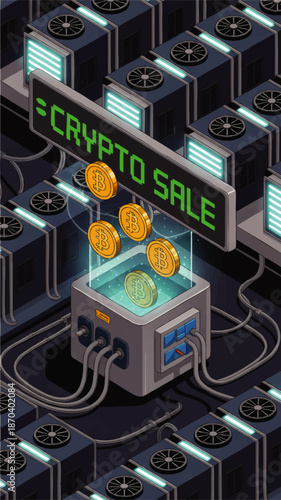 Crypto sale concept with bitcoin coins hologram and mining farm servers, digital currency blockchain technology illustration
