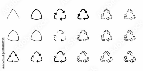 Collection of simple recycling symbols and geometric shapes in black and white
