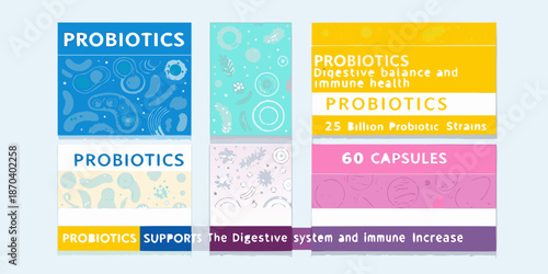 Colorful probiotic supplement packaging design with illustrations and text details