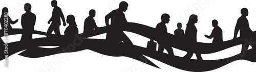 Silhouette of people running together in unity and teamwork