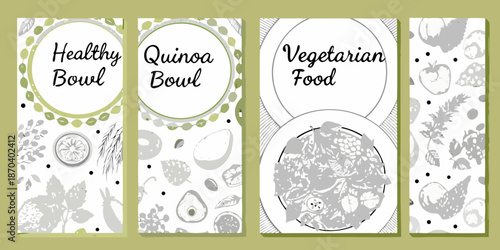 Healthy vegetarian food labels featuring quinoa bowls and botanical illustrations