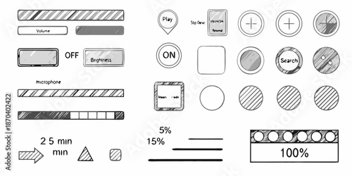 Collection of user interface elements buttons sliders and indicators