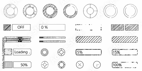 Various loading indicators and progress bar elements in a technical drawing style