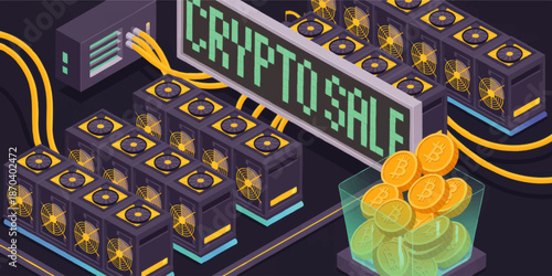 Isometric cryptocurrency mining farm with server rigs, bitcoin coins and digital cryptosale banner on dark futuristic background