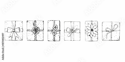A row of sketch style gift boxes tied with ribbons and floral decorations