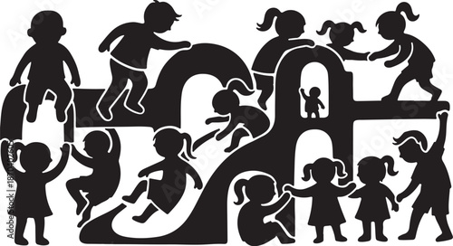 Children playing on a large puzzle piece structure