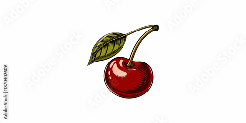 A vibrant illustration of a single ripe cherry with a leafy stem