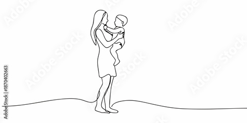 Continuous line drawing of a mother tenderly holding her baby