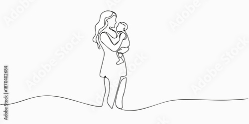 A minimalist line drawing of a mother lovingly holding her baby