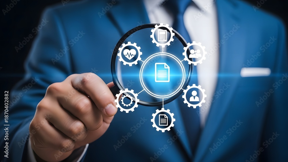 Fototapeta premium Businessman analyzing data security with magnifying glass