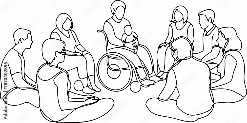 Obraz premium Diverse group of people sitting in a circle including a wheelchair user
