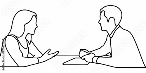 Simple line art depicts a woman and a man seated facing each other