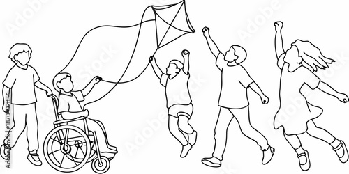 Children joyfully flying a kite together including a child in a wheelchair