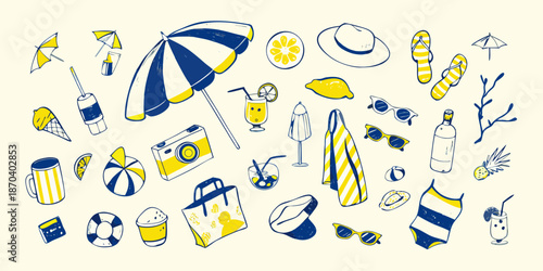 Colorful summer illustrations beach accessories drinks and sun protection items