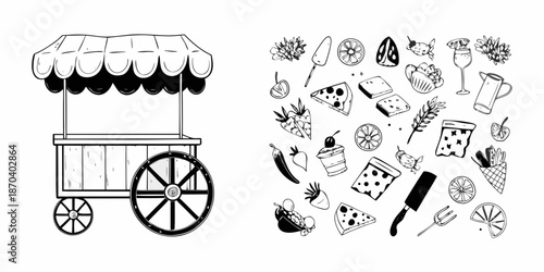 A vintage food cart sketch with various hand drawn food and drink items