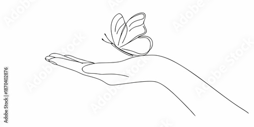 A delicate butterfly rests gently on an outstretched human hand in line art