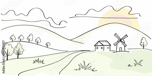 A simple sketch of a rural landscape with hills trees and a windmill
