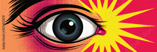 Vibrant pop art eye illustration with comic book halftone dots, bright yellow burst and bold graphic lines on colorful background