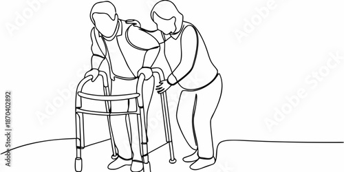 A caring woman assisting an elderly person with a walking aid