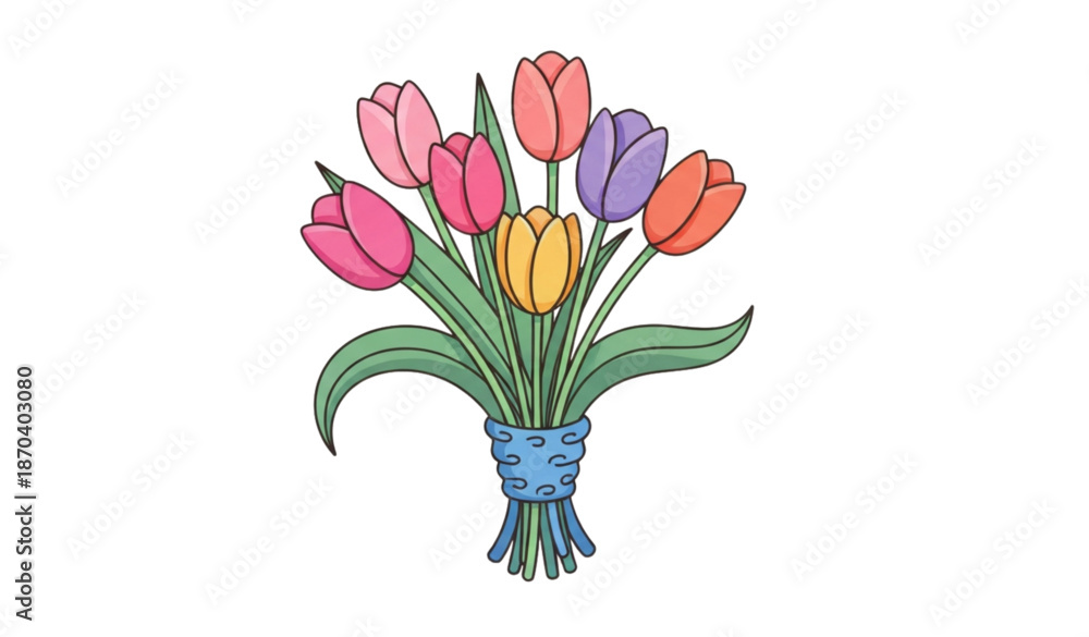 Obraz premium Cute spring tulip bouquet with seven colorful flowers and blue ribbon flat doodle vector isolated on transparent background