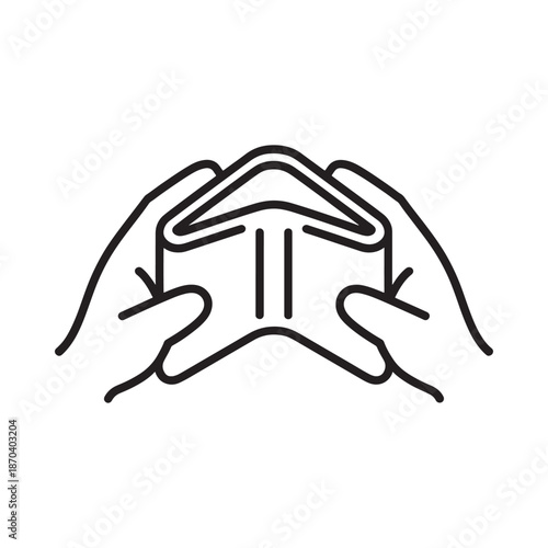 Hands gently cradling a house outline suggesting protection and shelter